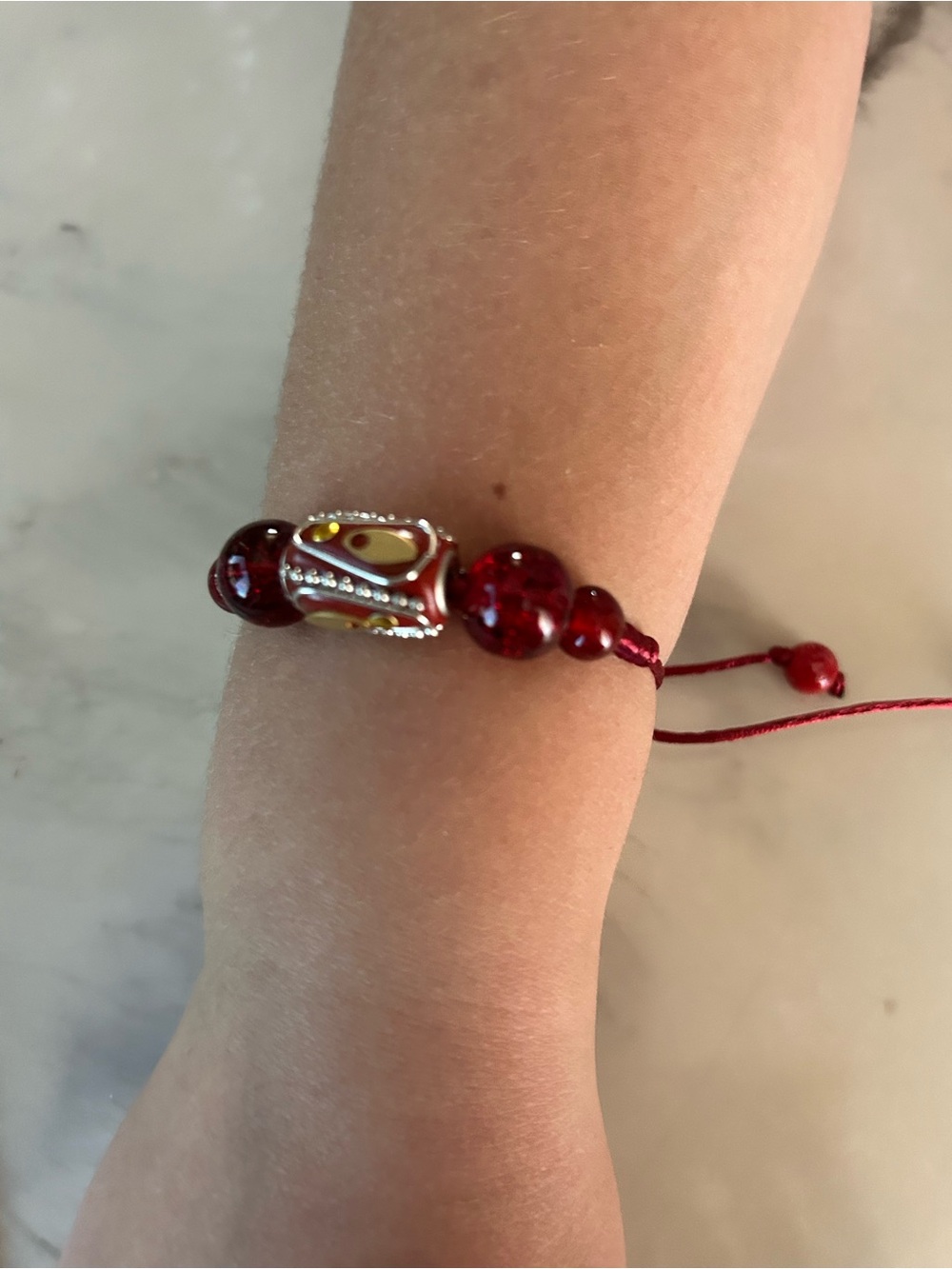 Red Beaded Adjustable Bracelet with Gold Accent